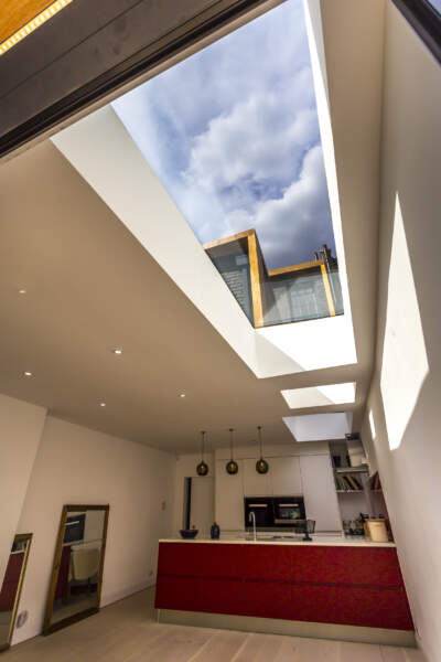 skylights, kitchen extension, twickenham, richmond, glazingvision, wood flooring