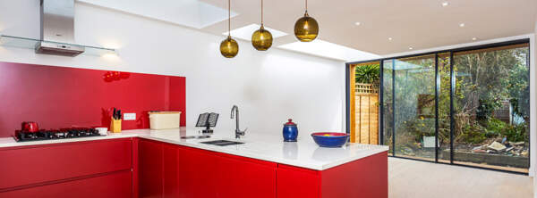 red kitchen, neatsmith, IQglass, Dinesen flooring, extension, refurbishment,