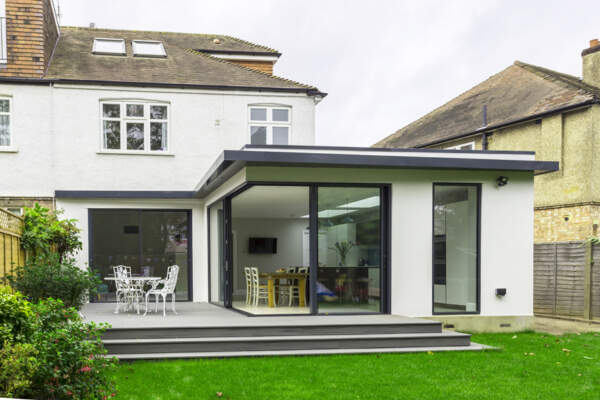 Rendered kitchen extension, sliding doors, corner glazing, open corner,