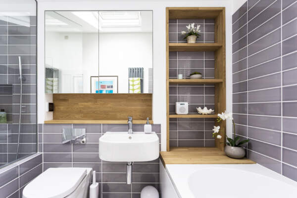 field lane Bathroom with vaulted ceiling