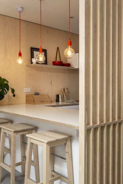 Wren Kitchen, plywood splashback, plywood worktop, plywood screen